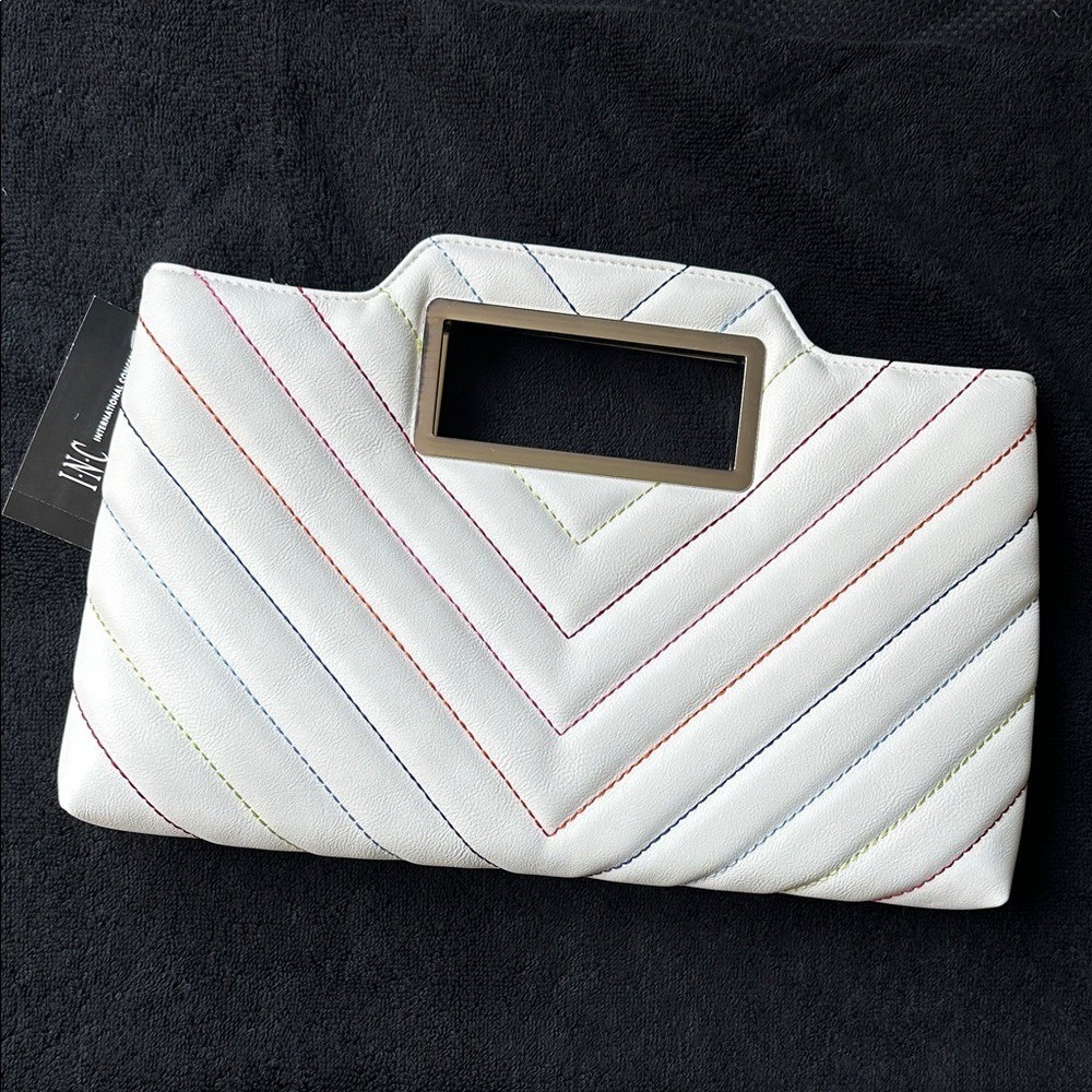 INC International Concepts Judith White Rainbow Stitch Clutch Crossbody Bag NEW